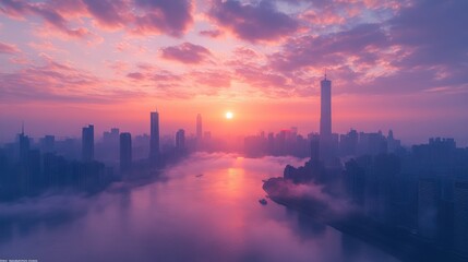 Fototapeta premium aerial view of a city skyline with fog and a sunrise in the background