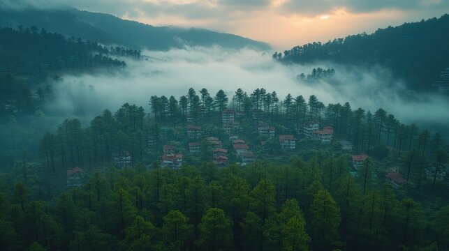 aerial top view of muree village islamabad with residential local houses and fog mist nature trees pakistan in urban city town in asia buildings