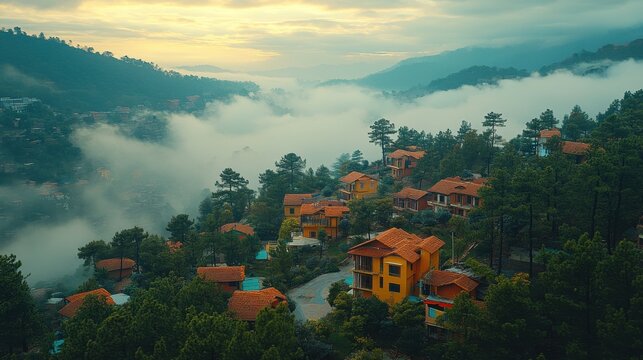 aerial top view of muree village islamabad with residential local houses and fog mist nature trees pakistan in urban city town in asia buildings