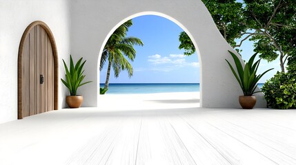 Fototapeta premium Serene Coastal Retreat with Archway and Lush Greenery View