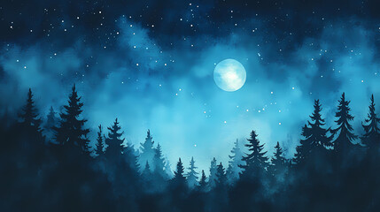 Fototapeta premium Watercolor illustration of dark blue night sky with shining moon and black silhouettes of trees against sky background. Starlit. Illustration