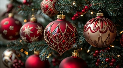 Fototapeta premium Red and gold Christmas ornaments hanging on a decorated Christmas tree, close-up shot, detailed textures