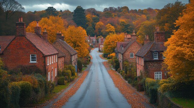 aerial view of beautiful autumn trees in front of dorking an historical market town in surrey south east england uk