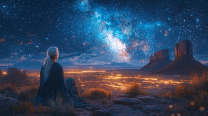 Fototapeta premium Senior woman gazing at a starry night sky from a desert landscape, peaceful, contemplative, vastness