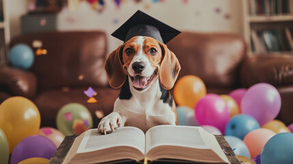 A cheerful beagle wearing graduation cap poses with its paw on open book, surrounded by colorful balloons and confetti in cozy living room