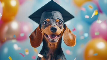 A cheerful dachshund with graduation cap smiles joyfully amidst colorful balloons and confetti, celebrating special achievement