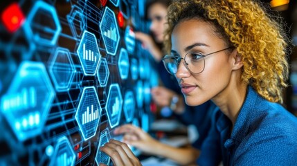 A business team discussing and analyzing data on charts and reports in a modern conference room, collaborating on key strategies for growth and success.