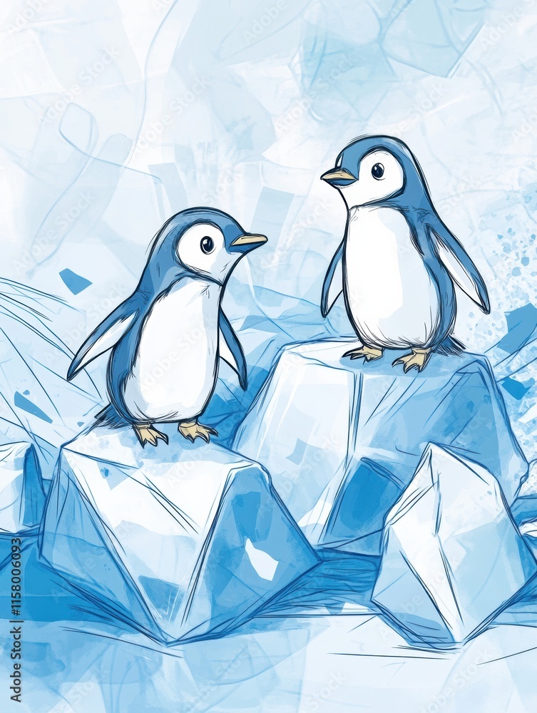 Leinwandbilder playful penguins interact on floating icebergs depicting a whimsical winter wonderland for creative 