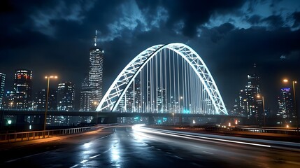 Obraz premium Nighttime Urban Landscape with Illuminated Bridge and City Skyline