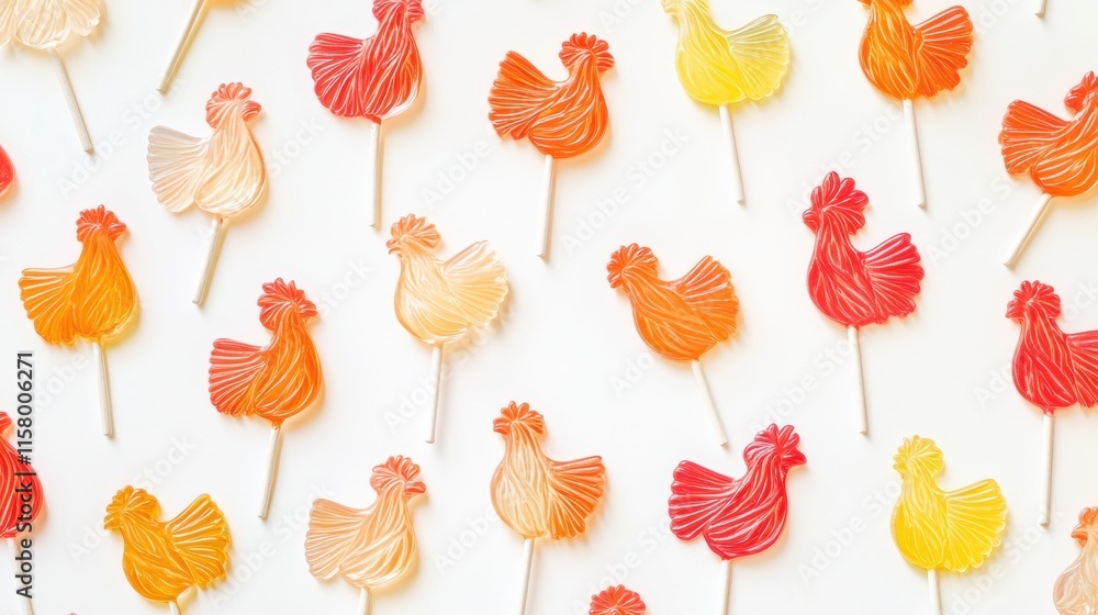 Poster vibrant rooster shaped lollipops in various colors create a playful display for creativity and candy