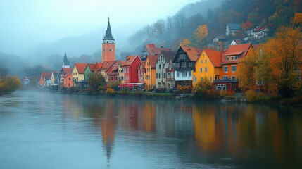 autumn fog over the river water and colorful roofs of small town houses in the distance