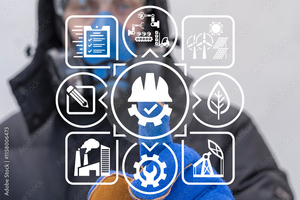 Poster engineer using virtual touch screen push icon: hard hat with cogwheel and check mark. modern industr