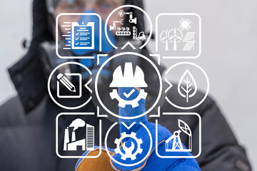 Engineer using virtual touch screen push icon: hard hat with cogwheel and check mark. Modern industry smart engineering concept. Industrial job standards. Manufacturing labor.