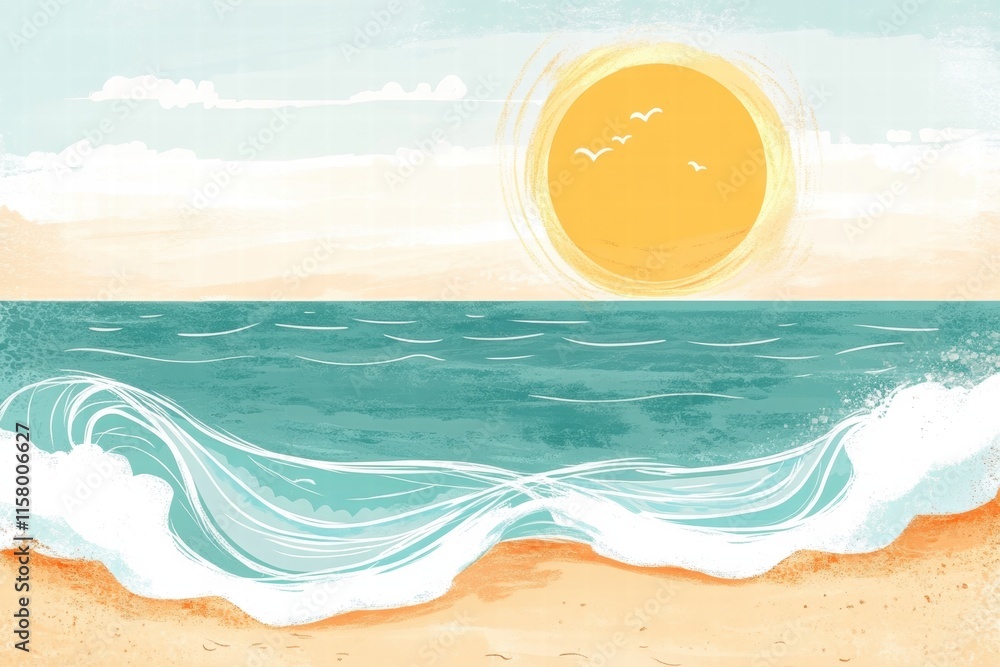 Poster bright sun setting over calm ocean waves with sandy beach setting for creative text placement. gener