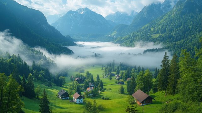 bayrischzell municipality aerial view with a view of osterhofen town between the fog on alpen road 307 german beautiful nature mountains and green forests bavaria germany