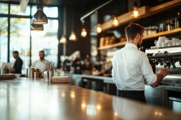 A man operates an espresso machine behind the counter in a cozy, dimly lit cafe, capturing the essence of craftsmanship and the love for fine coffee preparation.