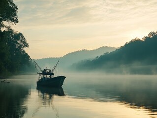 A small fishing boat goes out to fish in the morning mist. - ai