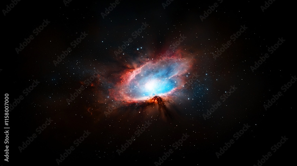 Poster luminous nebula with vibrant red and blue hues in deep space.