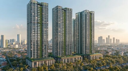 Naklejka premium A CGI rendering of ultra-modern skyscrapers with green rooftops and solar panels, reflecting the future of eco-friendly urban living.