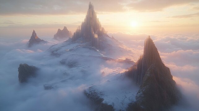 A CGI image of a cluster of glass and steel skyscrapers reaching into the clouds, reflecting an idealized vision of a modern urban environment.