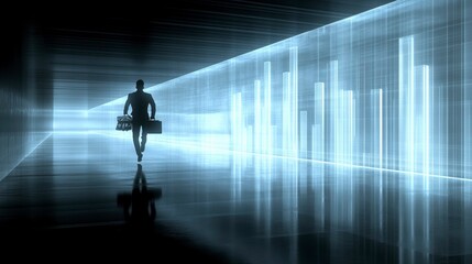 A dynamic businessman rushing with a briefcase full of money, running in front of a bar chart made of tall buildings, reflecting the speed of financial success in modern business.