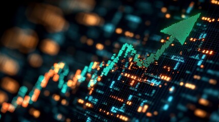 A bold 3D green pixel arrow rising towards the top, symbolizing financial growth, upward trends, and success in digital and tech industries.
