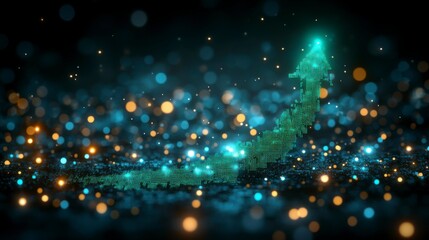 A bold 3D green pixel arrow rising towards the top, symbolizing financial growth, upward trends, and success in digital and tech industries.
