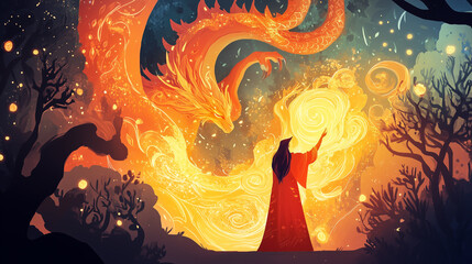 Fairy-tale illustrations of a wizard summoning a fiery dragon in a magical setting