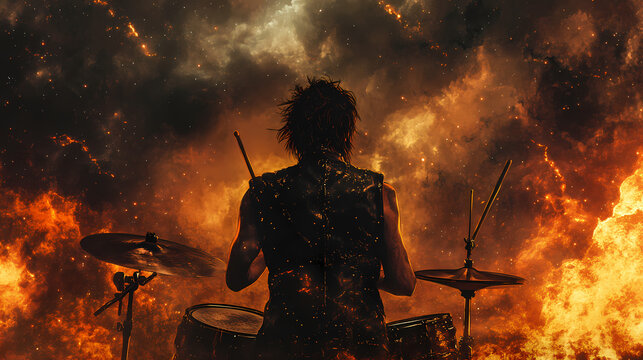 Powerful drummer, leather vest, metal warrior, fiery mosh pit under a starlit sky, thunderous storm in the distance, realistic, silhouette lighting. Starlit. Illustration