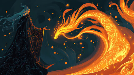 Fairy-tale illustrations of a wizard summoning a fiery dragon in a magical setting
