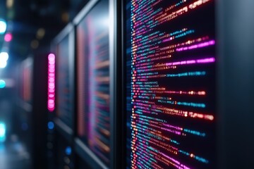 Lines of colorful code glow from sleek servers in a tech-driven environment, highlighting the complexity and innovation of modern data processing and security.