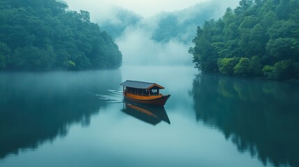 Naklejka premium beautiful scenery nature lake with fog mist over water morning with chinese style boat sailing at ban rak thai village resort enjoy holiday vacation tourism travel countryside in thailand