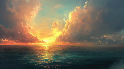 A dramatic wide landscape, stormy cloudscape over a serene ocean, crimson and golden tones reflecting on the water
