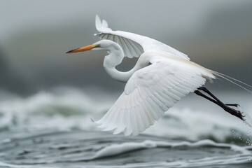 Obraz premium a great egret (Ardea alba) that has just taken off from the surface of the water,. 