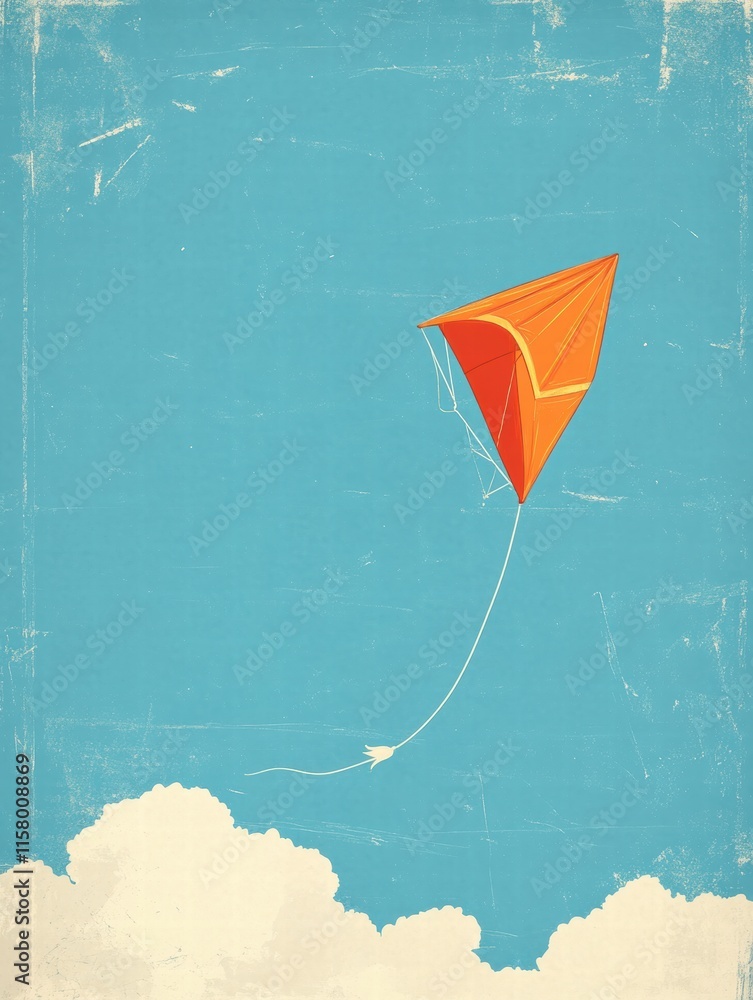 Aufkleber Kite flying against a clear blue sky with clouds in a naive art style background perfect for mock up text placement. Generative AI