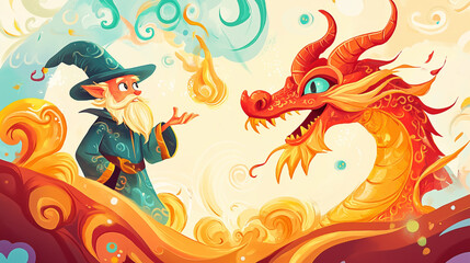 Children’s book illustrations of a wizard and a friendly dragon in a magical adventure