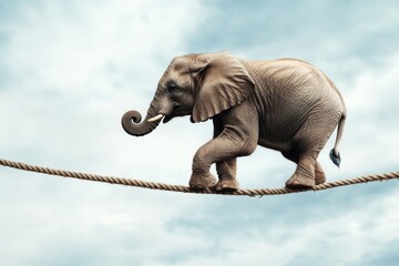 An elephant skillfully balances on a rope high above the ground in a serene sky