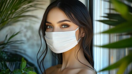 A portrait of a woman standing at an apartment window, wearing a protective mask, staring out with a sense of quiet contemplation, representing the quiet moments of living during a pandemic.