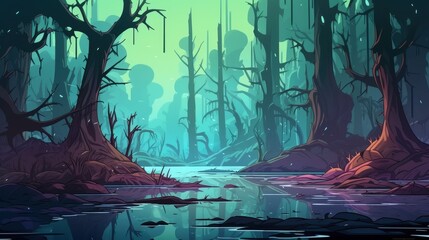 Ethereal Swamp Forest Scene With Calm Waters