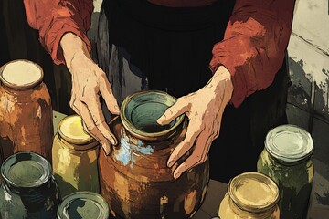 An evocative illustration of the widow gathering multiple jars from her neighbors, hands filled with various sizes of containers, creating a tense yet hopeful atmosphere as she prepares for a miracle.