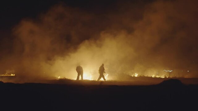 A group of firefighters are in the middle of a forest fire at night. The fire is raging and the sky is dark, cinematic isolated shot