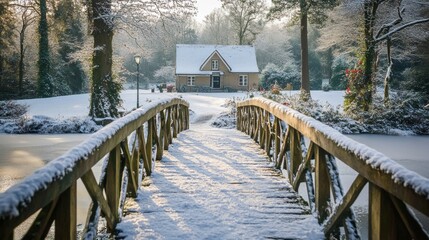 Obraz premium A snow-covered wooden bridge leading to a festive holiday cottage