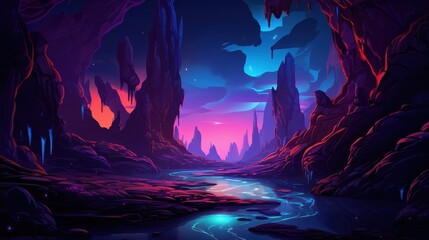 Alien Canyon River Landscape With Glowing Rocks