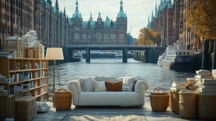 A spacious room with a sofa, floor lamp, and books on shelves, overlooking the historic Speicherstadt district of Hamburg, beautifully rendered in 3D with a warm, welcoming ambiance.
