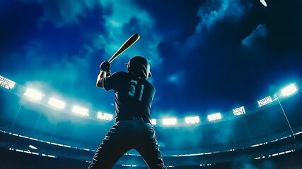 Under a starry sky, a young Asian male baseball player in a dark uniform stands poised at home plate, ready to swing his bat. The stadium lights illuminate the field, creating a thrilling atmosphere.