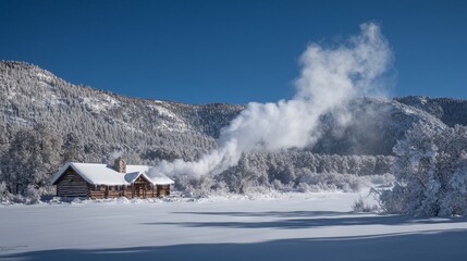 Snowy mountain lodge with smoke curling up into a clear winter sky