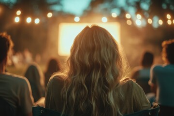 Outdoor movie night under twinkling lights brings joy to a warm summer evening with friends and relaxation
