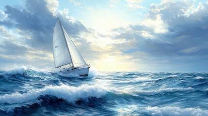 A calming pattern featuring sailing boats in the open sea, with their sails billowing in the wind, set against a backdrop of tranquil blue waves.