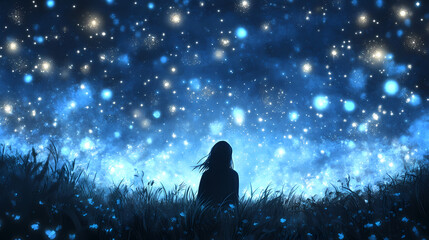 Dark, dreamy starlit sky with shimmering blue and silver bokeh lights, magical and atmospheric, generative ai. Starlit. Illustration