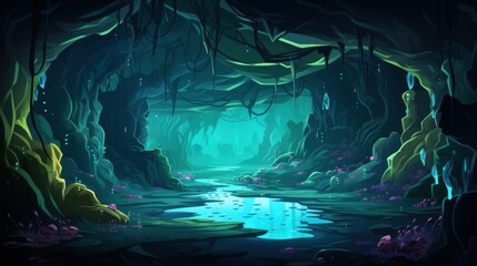 Fototapeta premium Enchanting Underwater Cave With Glowing Crystals and Flora